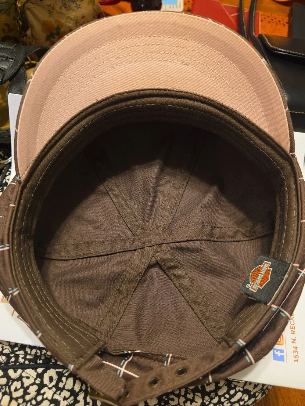 Vintage Harley-Davidson Brown Pink Plaid Cabbie Hat Newsboy Cap Women  EUC